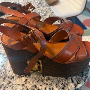 Marc Jacobs Cognac Leather Platform Wedge Sandals